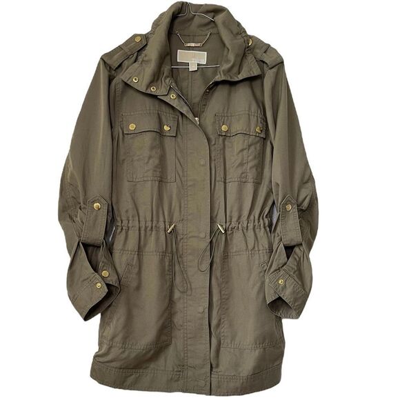Michael Kors Anorak Coat Olive Green Jacket Drawstring Waist Gold Hardware XS - Picture 1 of 12